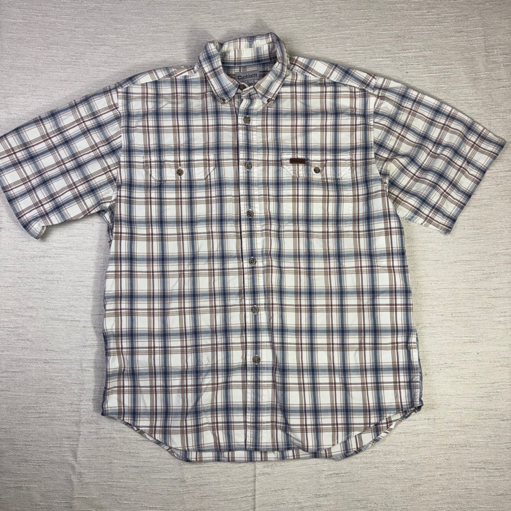 Carhartt Mens L Short Sleeve Plaid Button Down Shirt Blue Tan Workwear Cotton